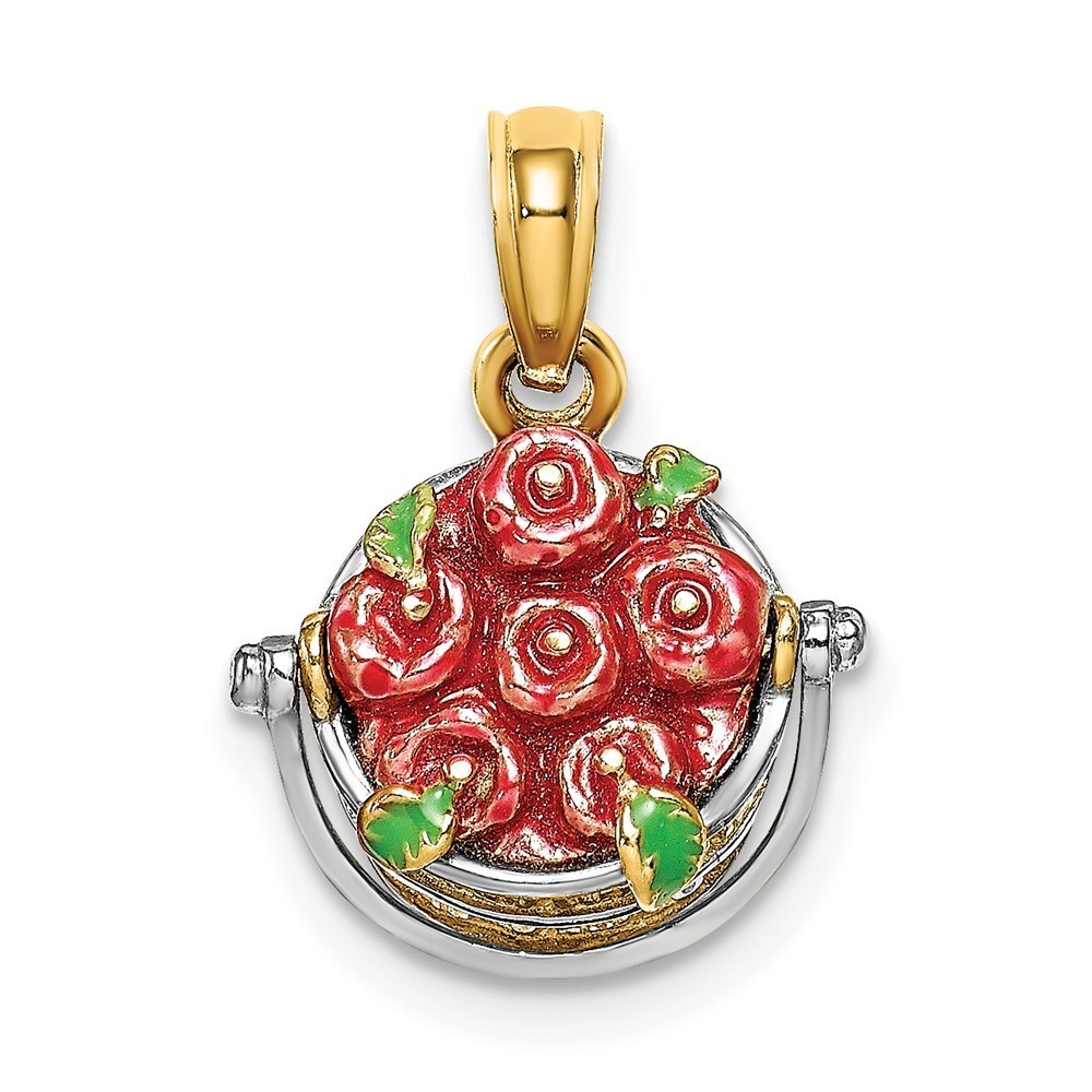 14k Yellow Gold White Rhodium 3-D Enamel Apple Basket Charm Pendant